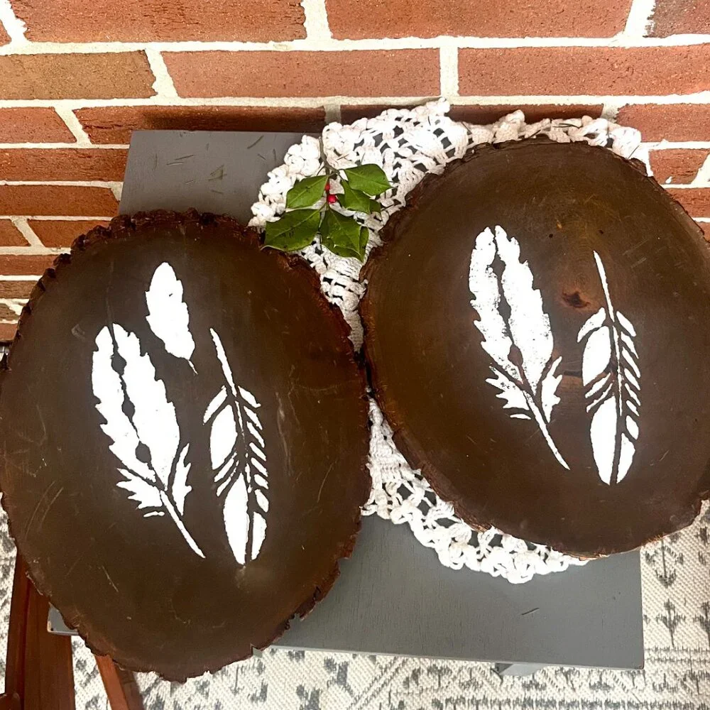 Reclaimed Wood Wall Decor Rustic Boho Feathers Set of 2